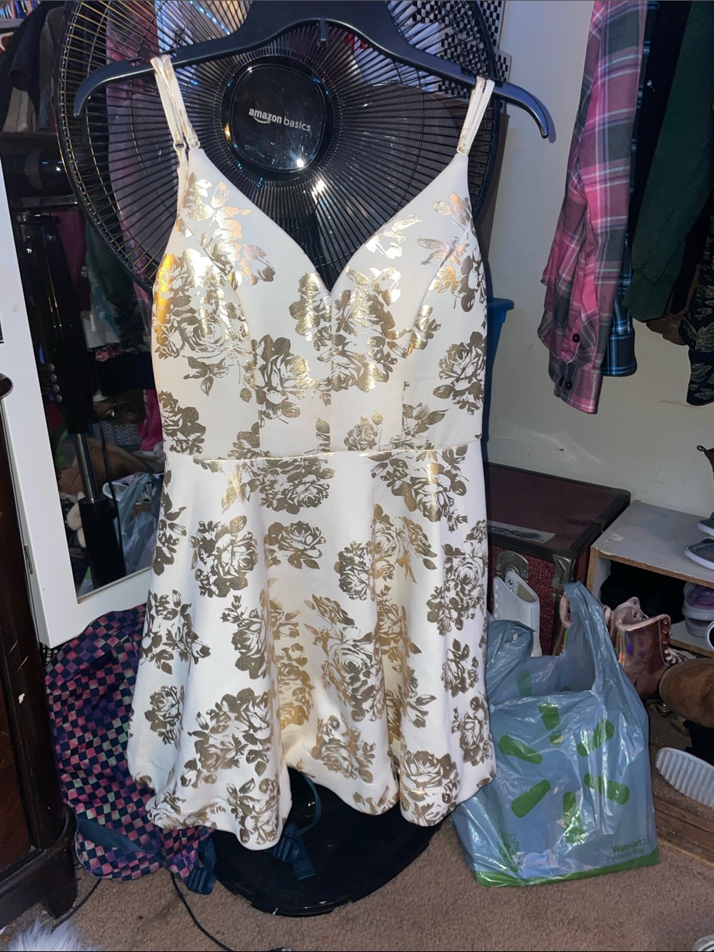 B. Darlin White Dress with Gold Floral Accents